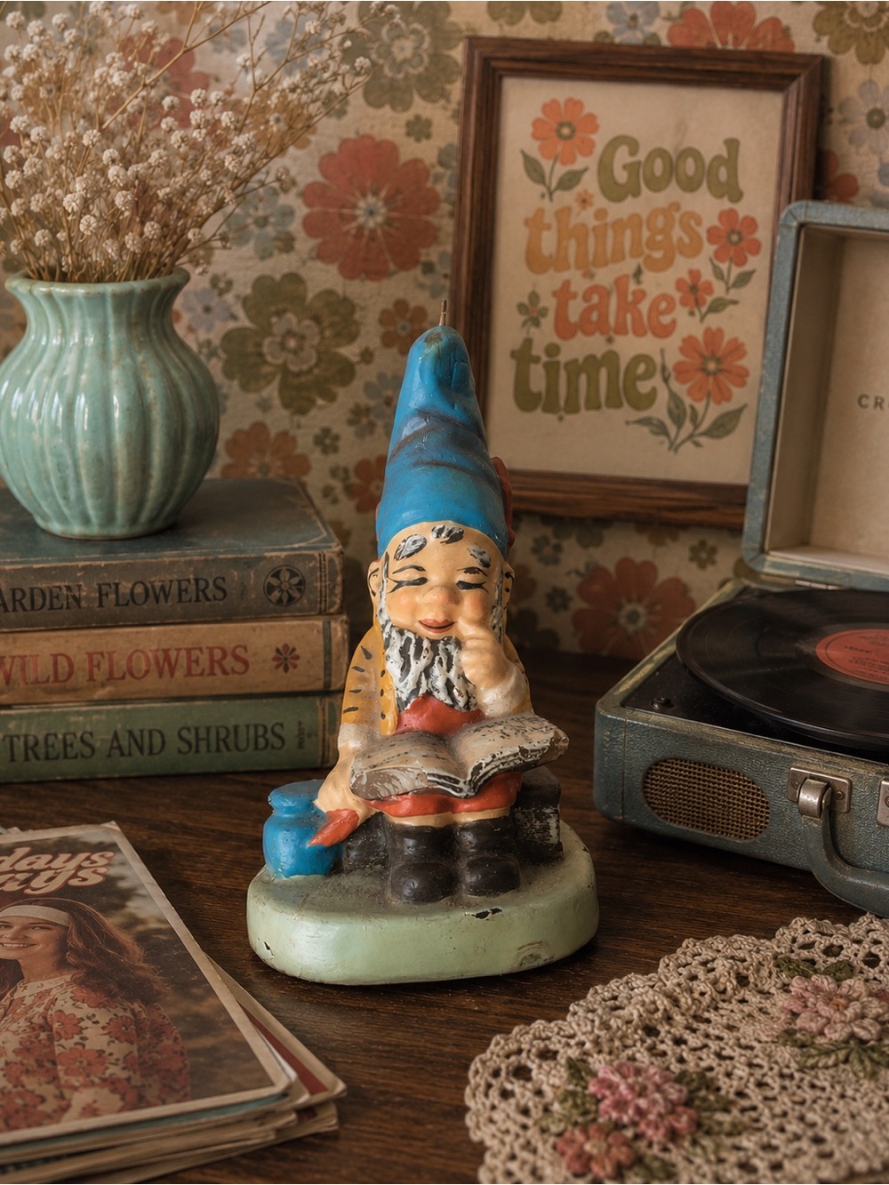 Blue-Hat Garden Gnome Candle — Whimsical Home Art